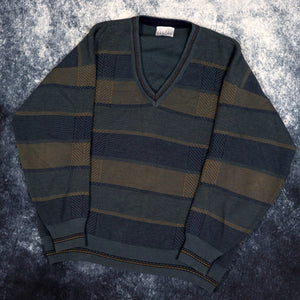 Vintage 90s Pierre Sangan Stripy V Neck Grandad Jumper | Large