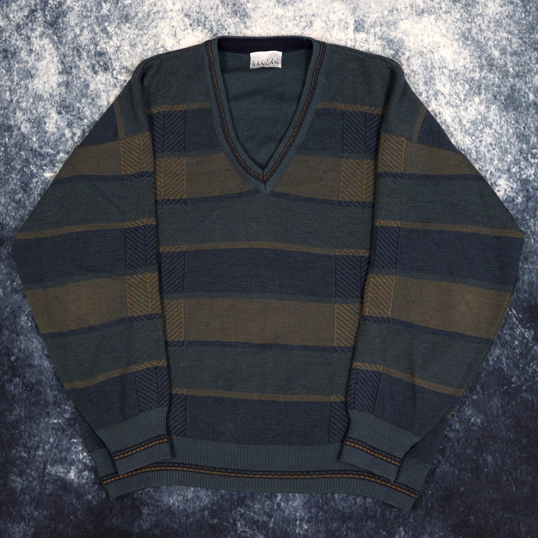 Vintage 90s Pierre Sangan Stripy V Neck Grandad Jumper | Large