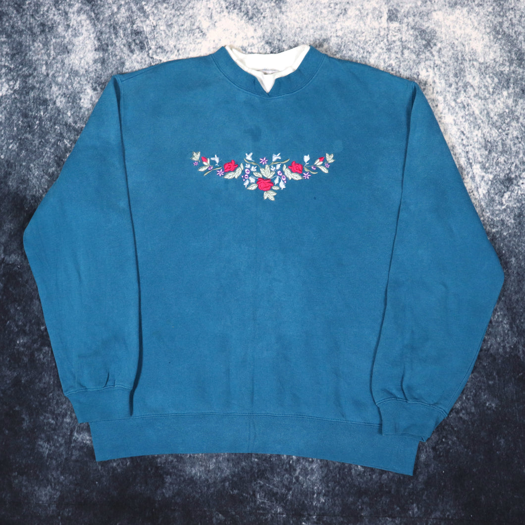 Vintage 90s Teal Floral Embroidered Sweatshirt | XS