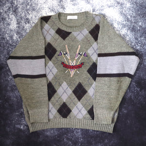Vintage Grey Argyle Sport D'Hiver Ski Jumper | Medium