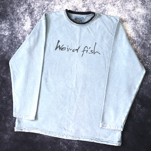 Vintage Light Denim Wash Blue Weird Fish Spell Out Sweatshirt | XL