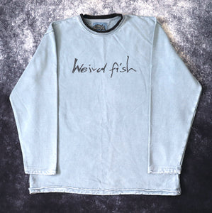 Vintage Light Denim Wash Blue Weird Fish Spell Out Sweatshirt | XL