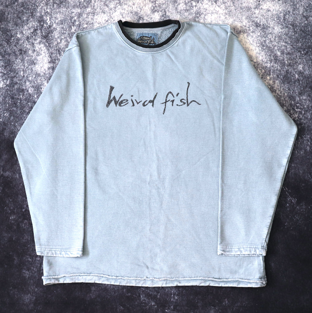 Vintage Light Denim Wash Blue Weird Fish Spell Out Sweatshirt | XL