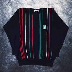 Vintage Navy Red Green & Beige Stripy Pringle Sports Jumper | Small