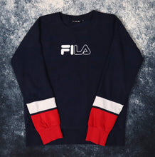 Load image into Gallery viewer, Vintage Navy White &amp; Red Fila Spell Out Sweatshirt | Medium
