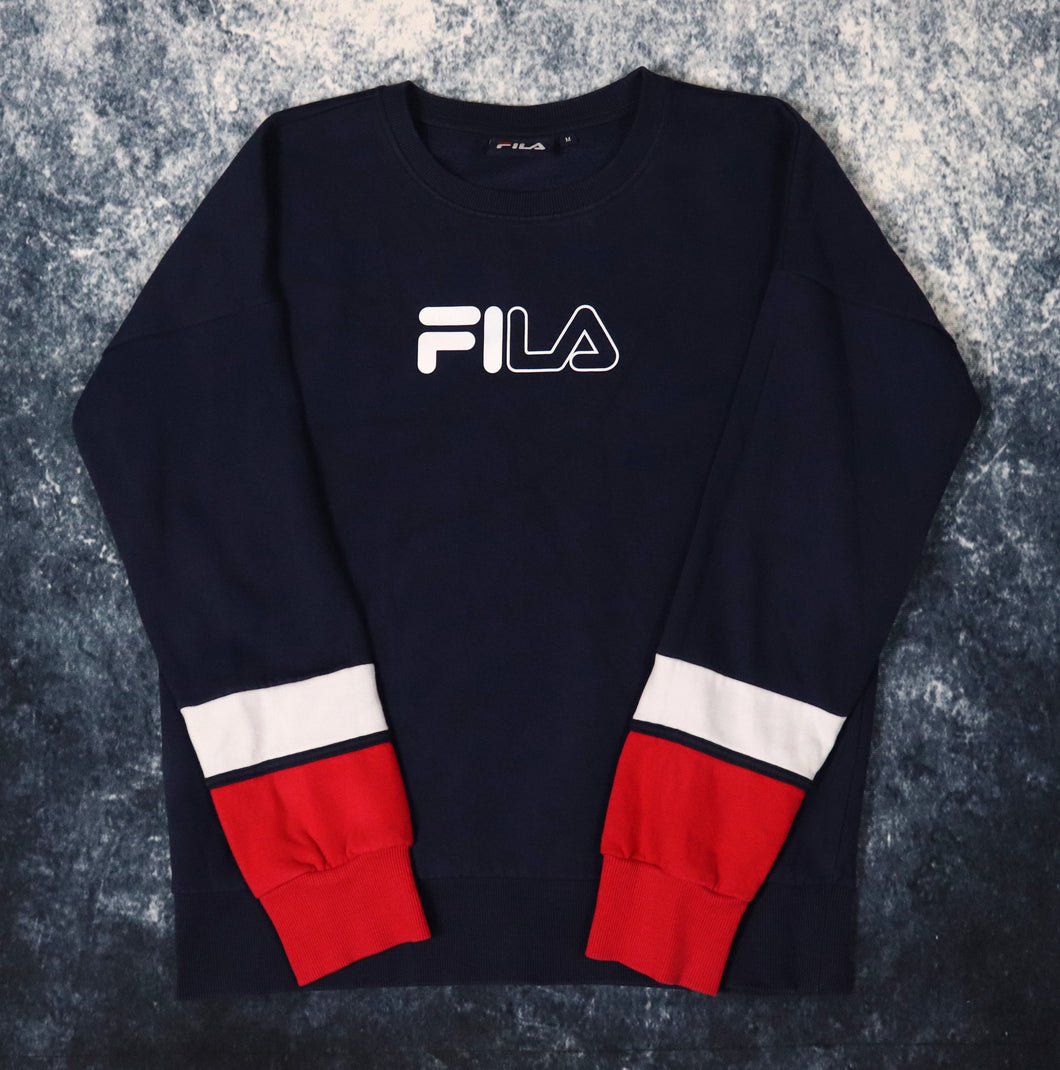 Vintage Navy White & Red Fila Spell Out Sweatshirt | Medium