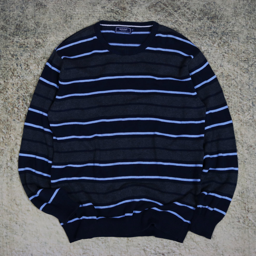 Vintage Dark Grey, Baby Blue & Navy Striped Maine New England Jumper | Large