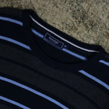 Load image into Gallery viewer, Vintage Dark Grey, Baby Blue &amp; Navy Striped Maine New England Jumper | Large
