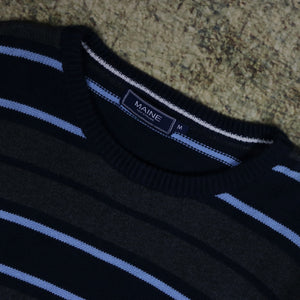 Vintage Dark Grey, Baby Blue & Navy Striped Maine New England Jumper | Large