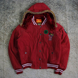 Vintage 90's Red Fishbone Hooded Corduroy College Jacket | Small