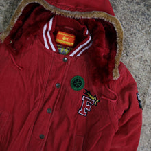 Load image into Gallery viewer, Vintage 90&#39;s Red Fishbone Hooded Corduroy College Jacket | Small
