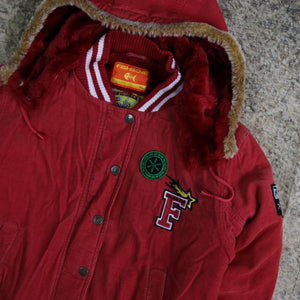 Vintage 90's Red Fishbone Hooded Corduroy College Jacket | Small