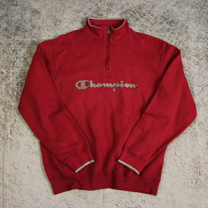 Vintage 90's Red Champion Spell Out 1/4 Zip Sweatshirt | Large