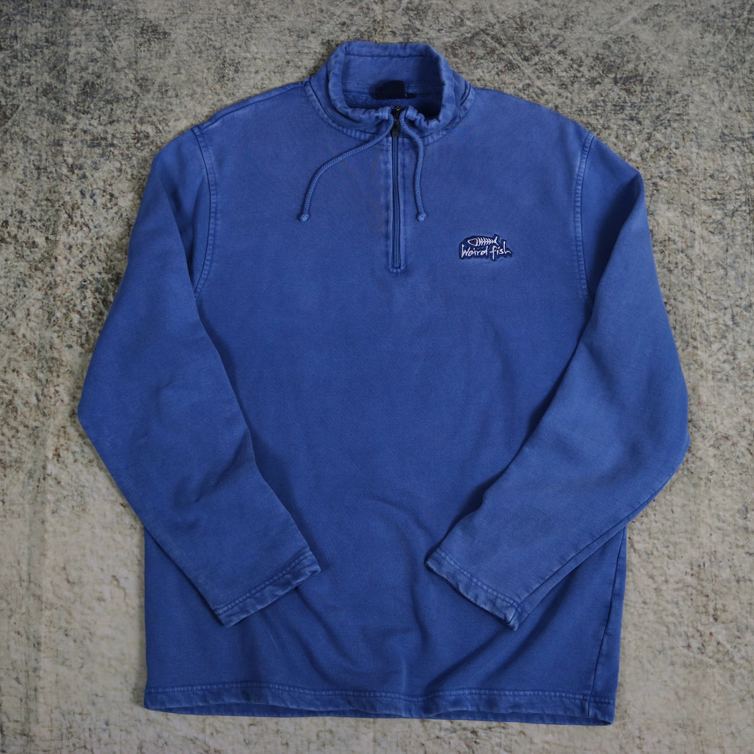 Vintage 90's Washed Blue Weird Fish 1/4 Zip Sweatshirt | Large