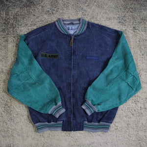 Vintage 90's Washed Blue & Green US Army Denim Bomber Jacket | XL