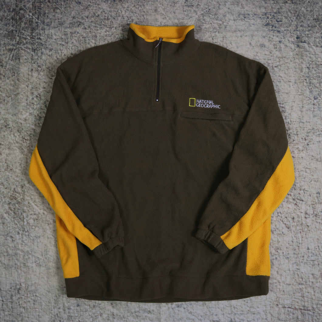 Vintage 90's Brown & Yellow National Geographic 1/4 Zip Fleece Sweatshirt | Large