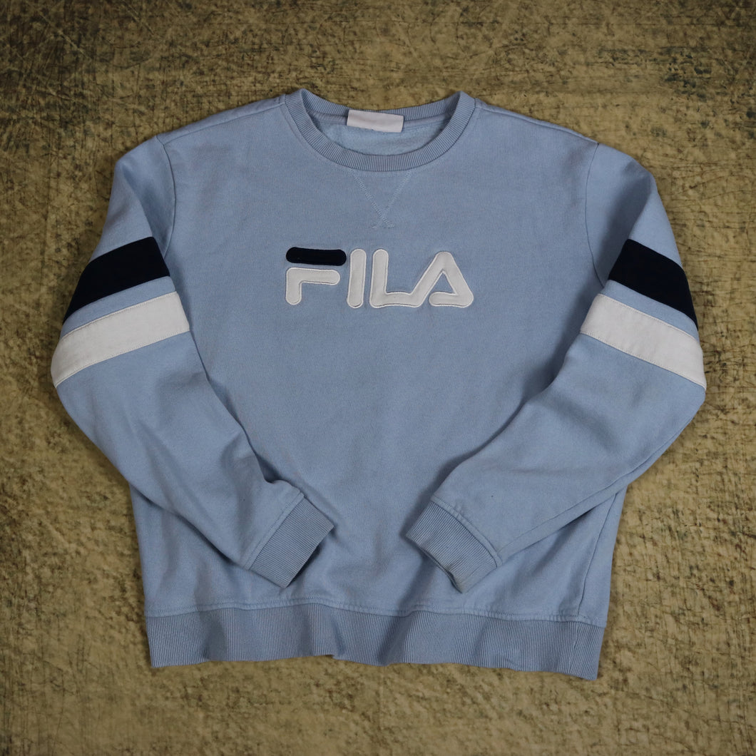 Vintage 90's Baby Blue FILA Spell Out Sweatshirt | XL