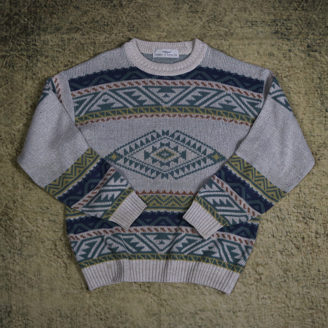 Vintage 90's Beige Aztec Grandad Jumper | Small
