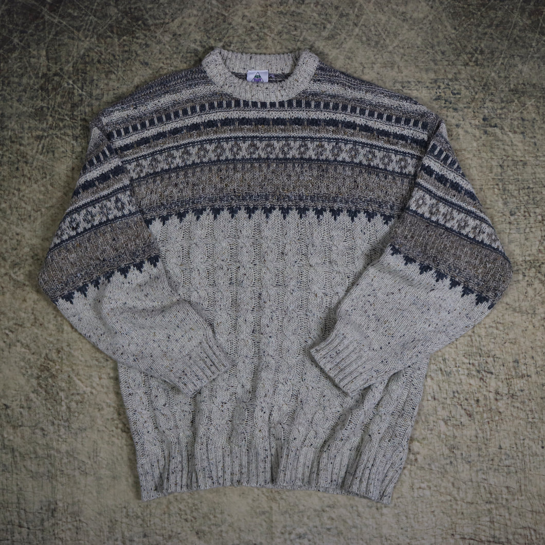 Vintage 90's Beige New Fast Cable Knit Grandad Jumper | XL