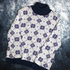 Vintage 90's White & Navy Turtle Neck Grandad Jumper