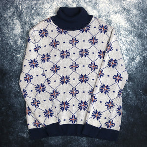 Vintage 90's White & Navy Turtle Neck Grandad Jumper