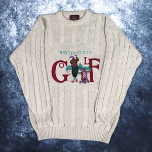 Vintage 90s Beige Hunter Scott Golf Cable Knit Jumper | Large
