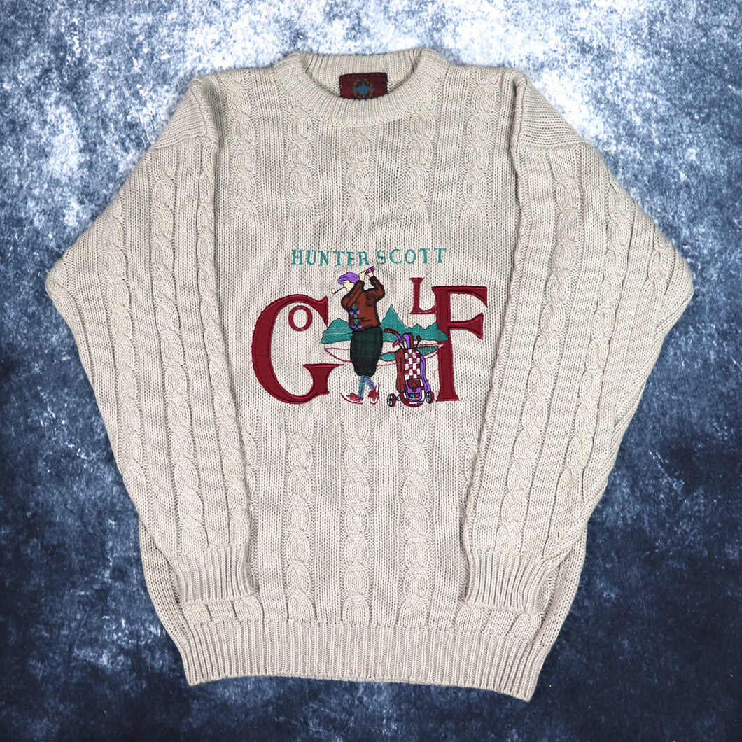Vintage 90s Beige Hunter Scott Golf Cable Knit Jumper | Large
