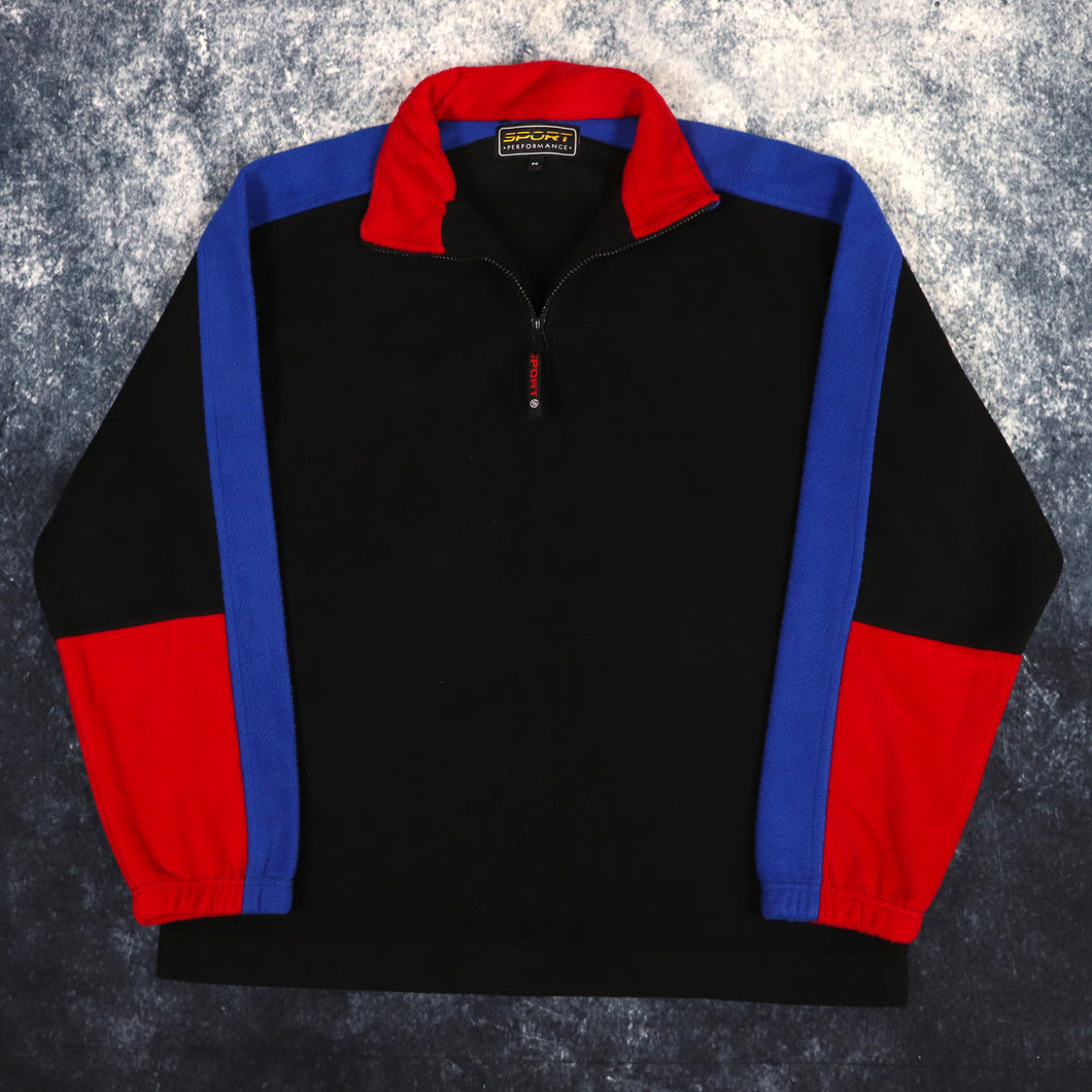 Vintage 90s Black, Red & Blue Colour Block 1/4 Zip Fleece Sweatshirt | Large