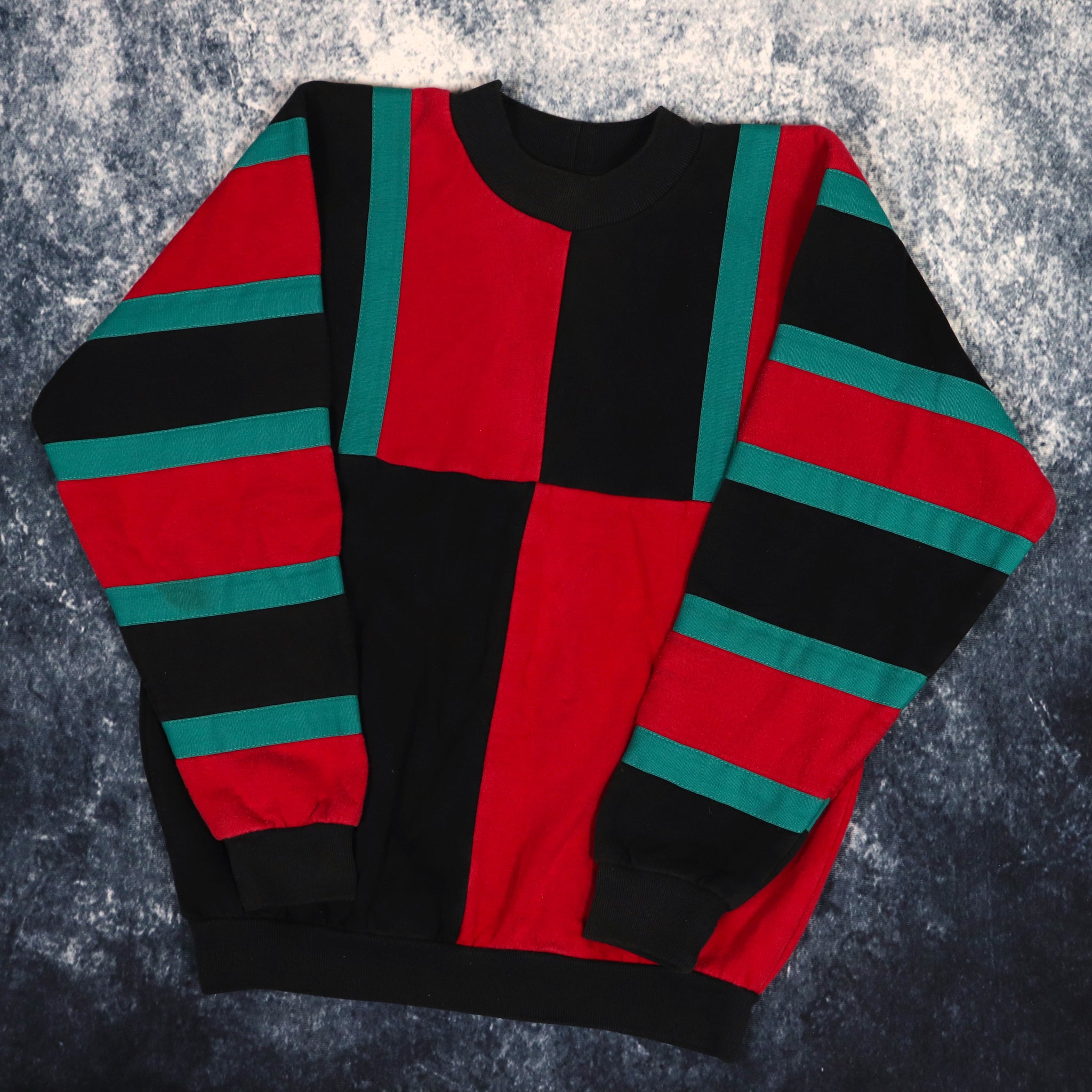Vintage 90s Black Red Teal Colour Block Sweatshirt XS ragkid
