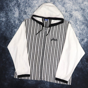 Vintage 90s Cream, Grey & Black Striped Asics Towelling Zip Up Hoodie | XS