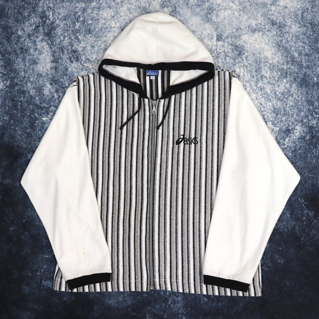 Vintage 90s Cream, Grey & Black Striped Asics Towelling Zip Up Hoodie | XS