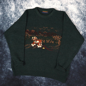 Vintage 90s Forest Green Horse Embroidered Grandad Jumper | Medium