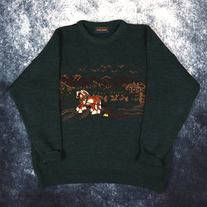 Vintage 90s Forest Green Horse Embroidered Grandad Jumper | Medium