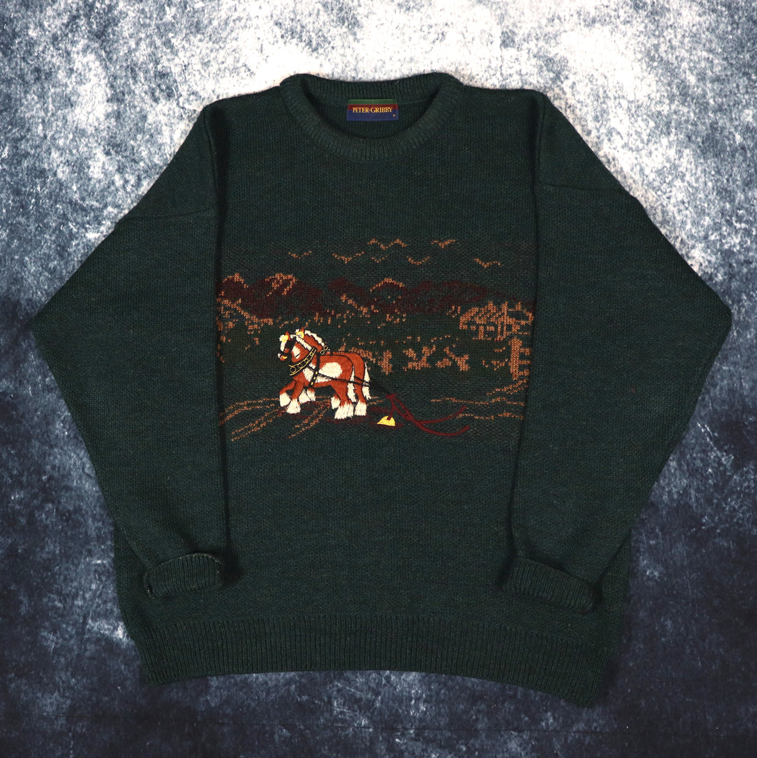 Vintage 90s Forest Green Horse Embroidered Grandad Jumper | Medium