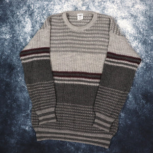 Vintage 90s Grey & Burgundy Striped Grandad Jumper | Large