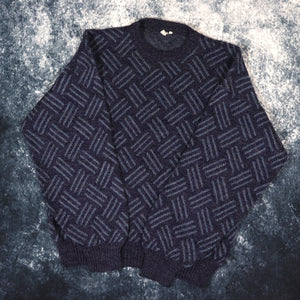 Vintage 90s Navy & Baby Blue Abstract Grandad Jumper | Small