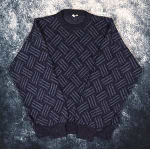 Vintage 90s Navy & Baby Blue Abstract Grandad Jumper | Small