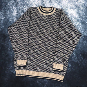 Vintage 90s Navy & Beige Grandad Jumper | Medium