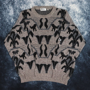 Vintage 90s Oatmeal & Black Abstract Hugo Boss Grandad Jumper | Large