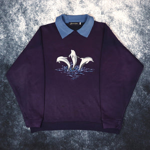 Vintage 90s Purple Dolphin Embroidered Collared Sweatshirt | Small