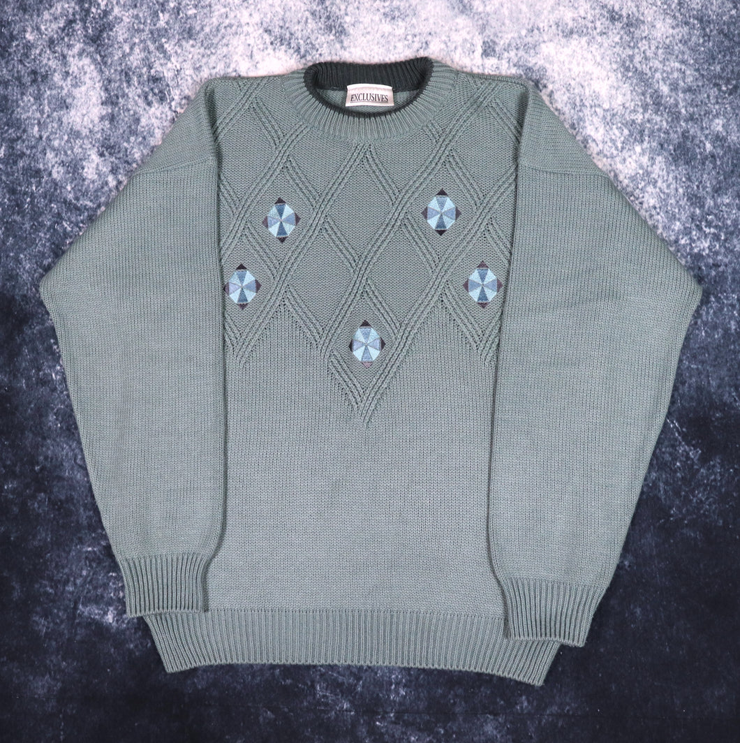 Vintage 90s Teal Diamond Grandad Jumper | Medium