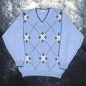 Vintage Baby Blue Lyle & Scott Argyle V Neck Jumper | Small