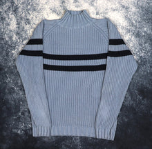 Load image into Gallery viewer, Vintage Baby Blue &amp; Navy Striped High Neck Jumper | Medium
