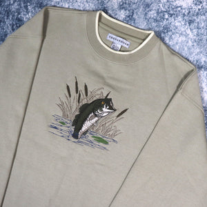 Vintage 90s Beige Bass Embroidered Fishing Sweatshirt | XL