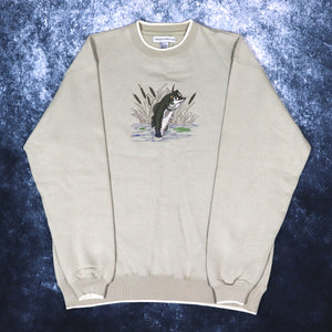 Vintage 90s Beige Bass Embroidered Fishing Sweatshirt | XL