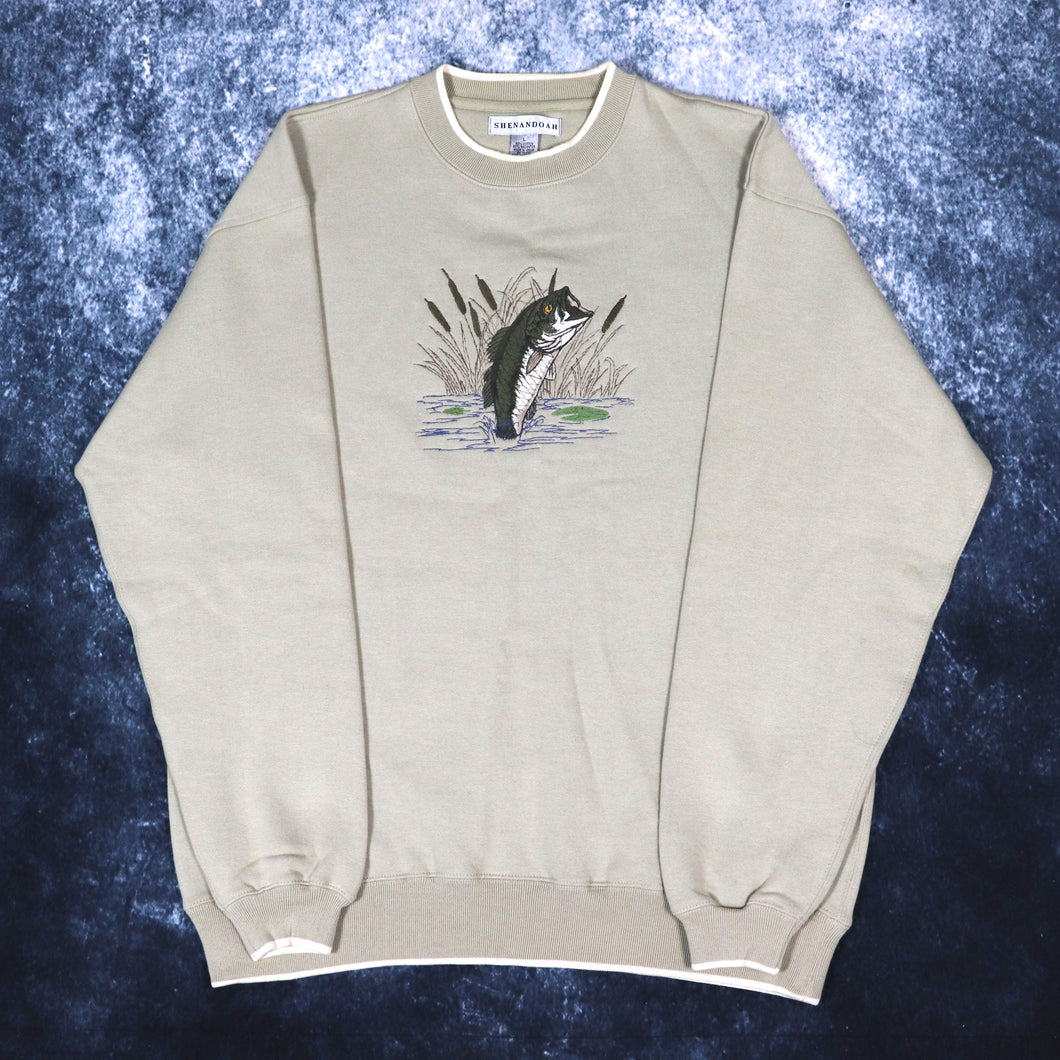 Vintage 90s Beige Bass Embroidered Fishing Sweatshirt | XL