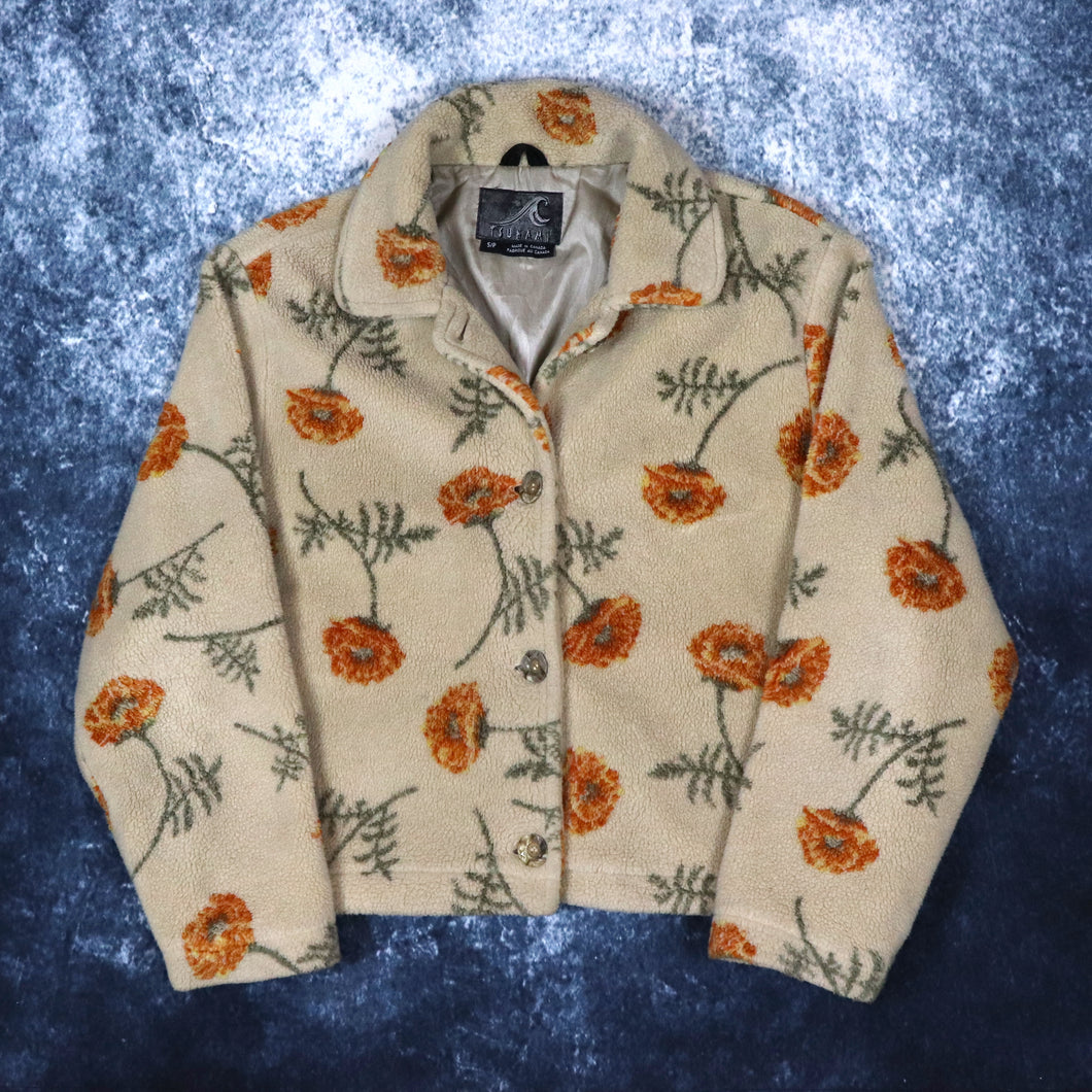 Vintage Beige Tsunami Floral Pattern Fleece Jacket | Small