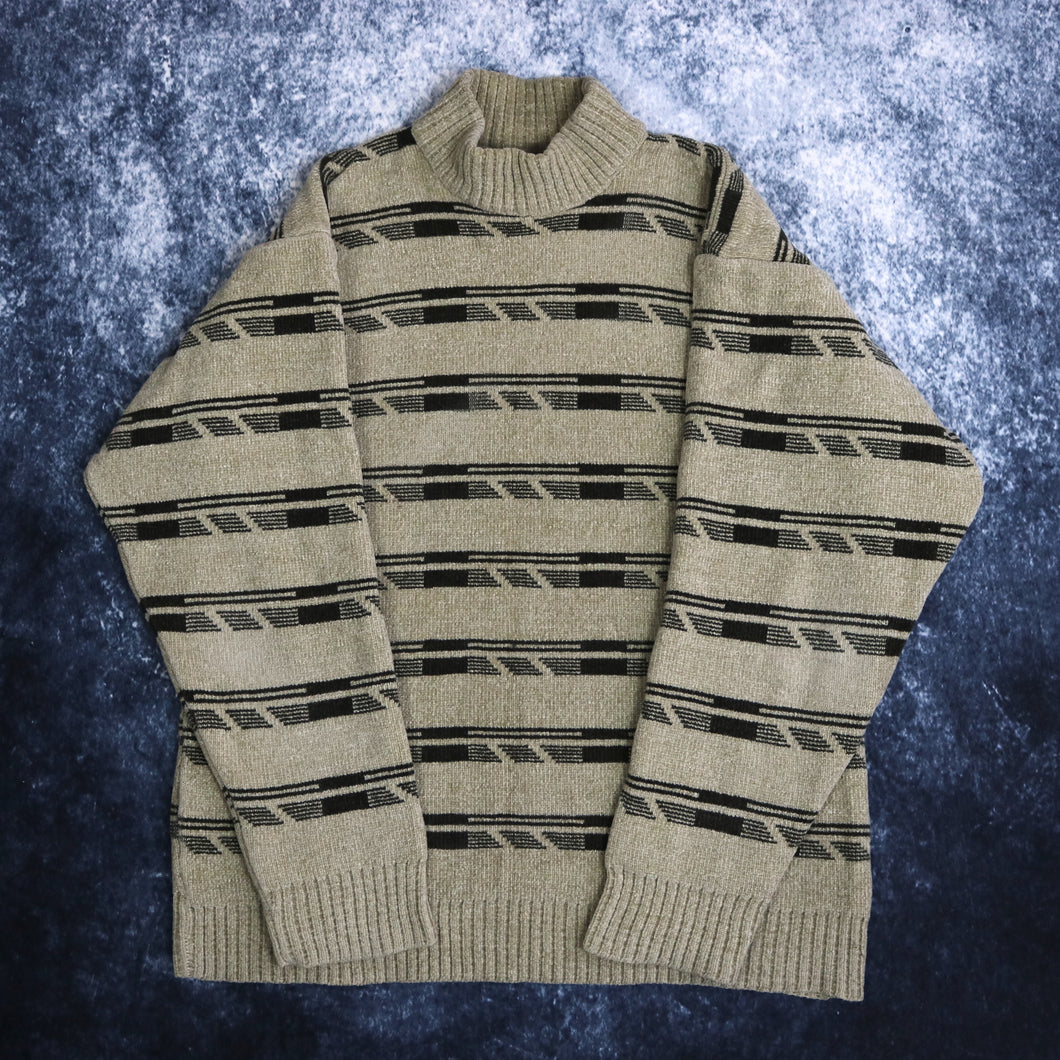 Vintage Beige & Black Striped High Neck Jumper