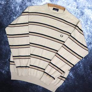 Vintage Beige, Black & Burgundy Striped Fred Perry Jumper | Small