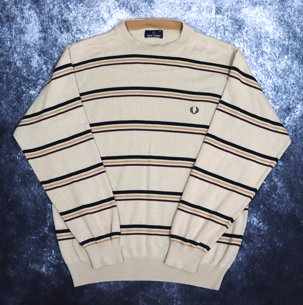 Vintage Beige, Black & Burgundy Striped Fred Perry Jumper | Small
